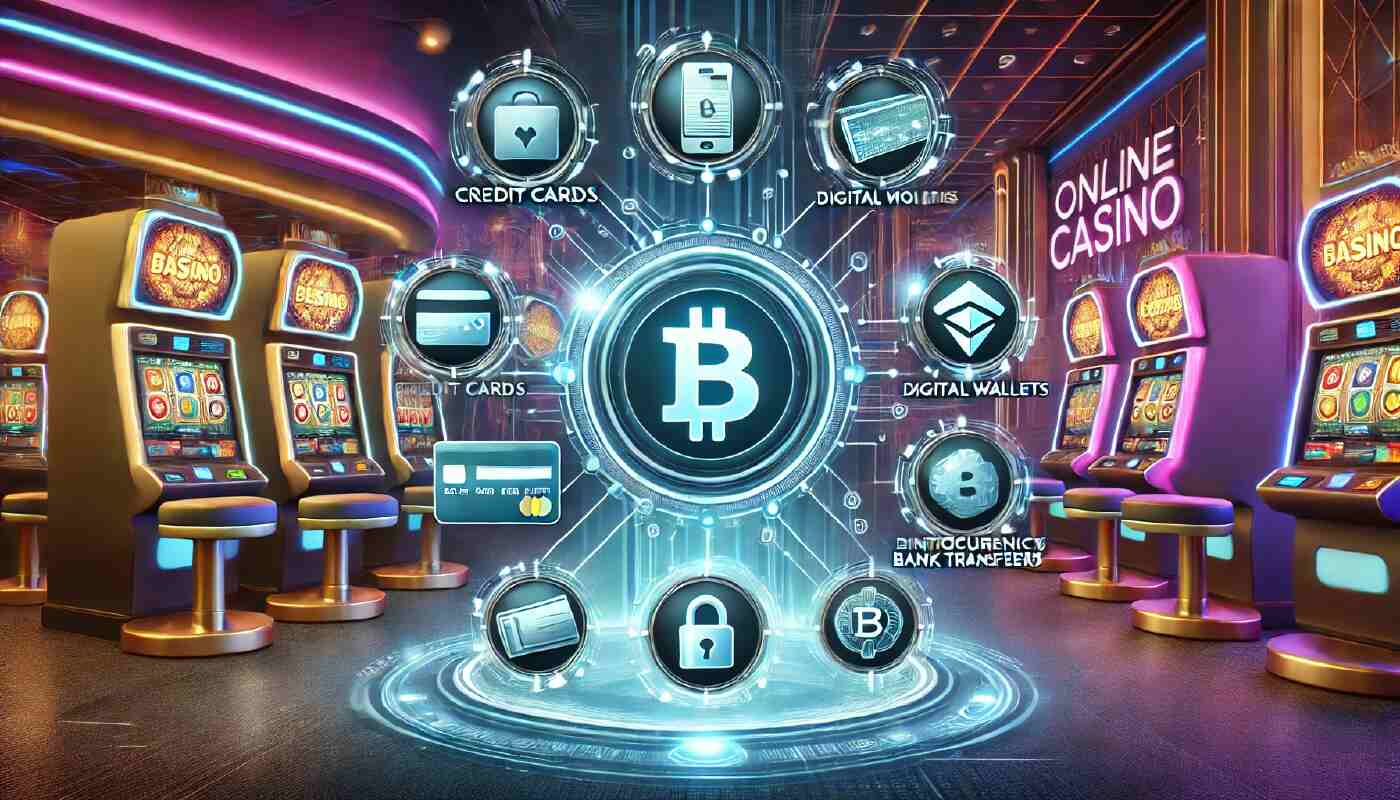 En illustration av betalningsmetoder med ikoner för kreditkort, kryptovalutor och digitala plånböcker, omgivna av lås och sköldar för att betona säkerheten.
