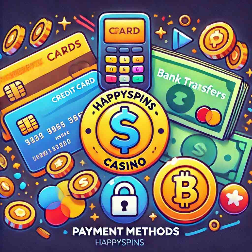 Illustration av HappySpins Casinos betalningsmetoder med kreditkort, digitala plånböcker, banköverföringar och kryptosymboler.