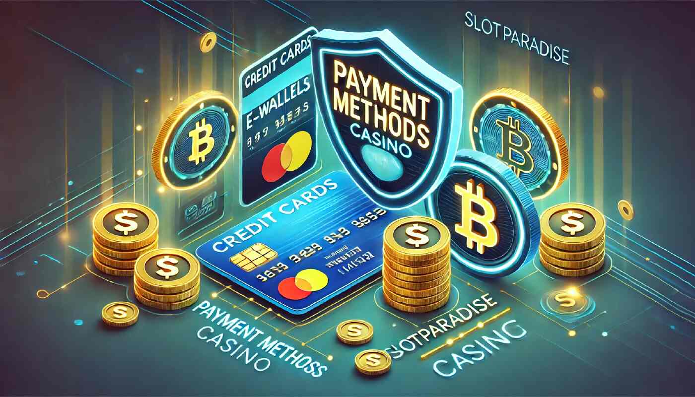 Ikoner för betalningsmetoder hos Slotparadise Casino som kreditkort, e-plånböcker och kryptovalutor, med texten 'Payment Methods'.