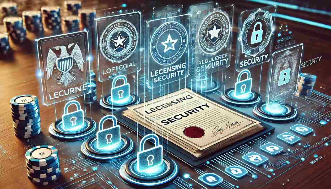 Holografiska certifikat och säkra symboler som lås och sköldar, som framhäver licensiering och säkerhet hos Dice Wise Casino i en modern design.