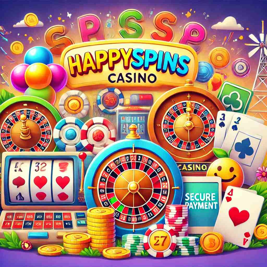 Sammanfattning av HappySpins Casino med logotyp, spel, betalningar och mynt i färgglad design.
