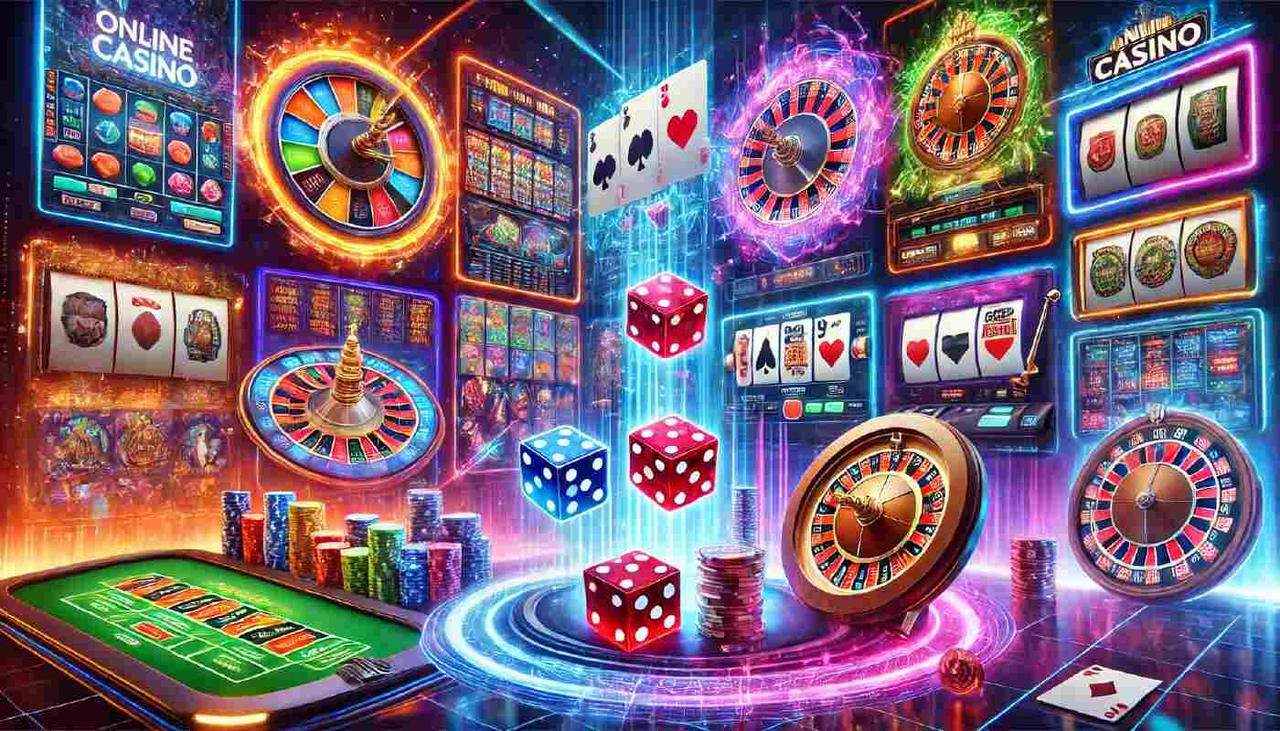 En livfull scen som visar spelutbudet hos Dice Wise Casino, inklusive roulette, slots, poker och tärningsspel i en neonupplyst miljö.