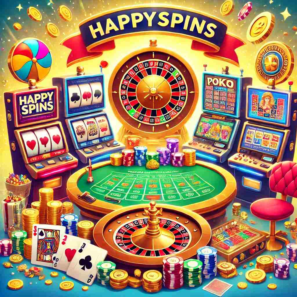 Illustration av spelutbudet hos HappySpins Casino med spelautomater, roulette, pokerbord och jackpotvisning.