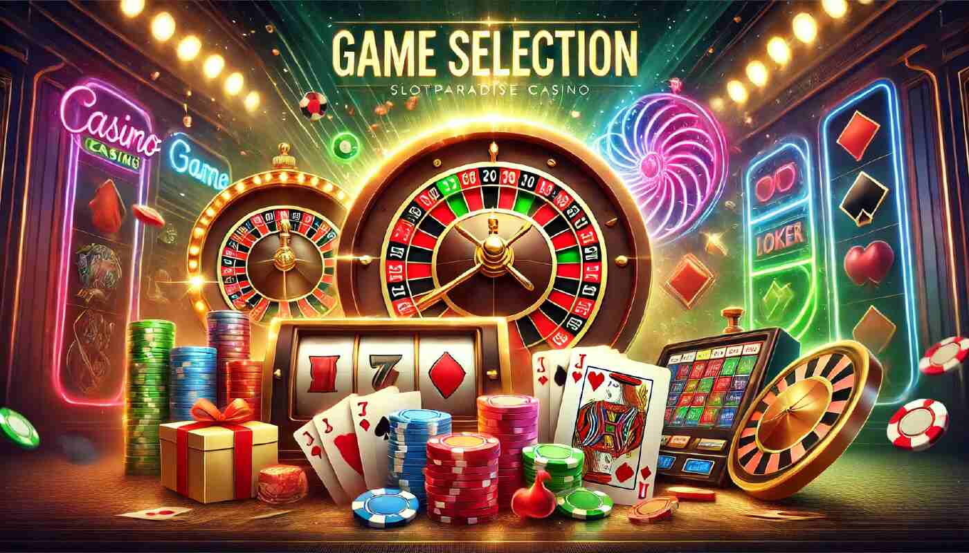 Illustration av spelutbudet på Slotparadise Casino med roulette, spelkort och spelautomat, med texten 'Game Selection'.