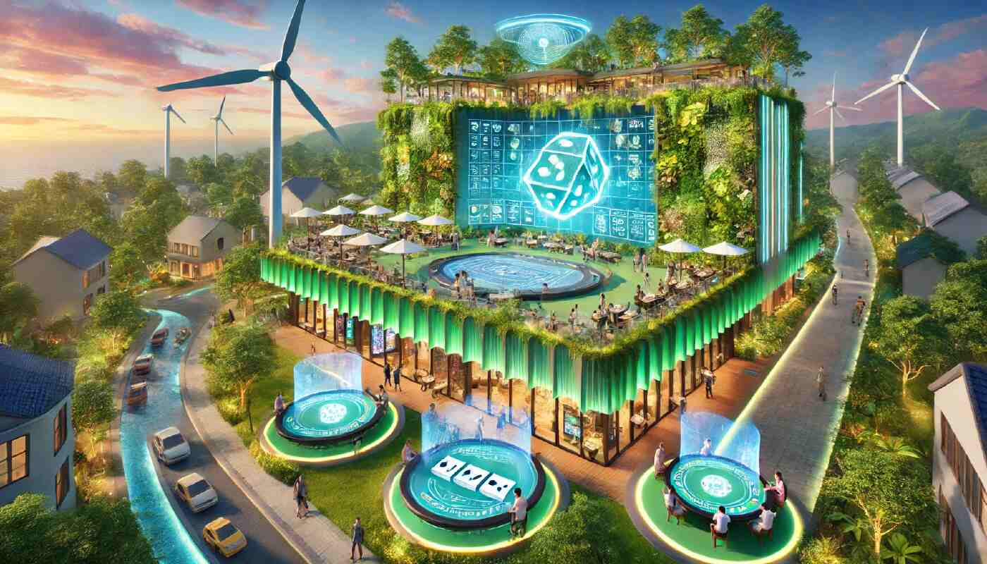 En futuristisk byggnad som representerar Dice Wise Casino, med spelare som deltar i tärningsspel och hållbarhetsinslag som grönska och solpaneler.