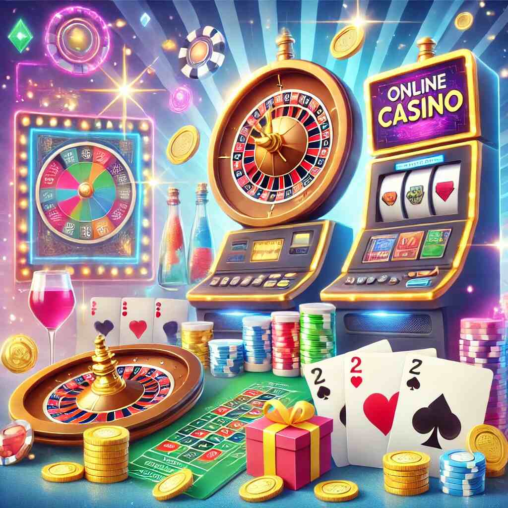 Illustration av vad HappySpins Casino är, med en färgglad spelmiljö, slotmaskiner, roulettehjul och guldmynt.