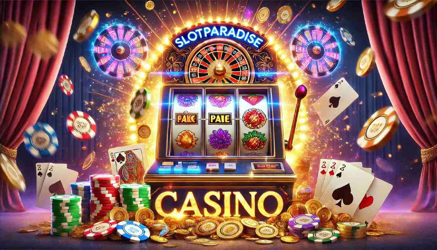 Digitalt casino med spelautomat, guldmynt och texten 'Slotparadise Casino' som visar och förklarar casinots tema.