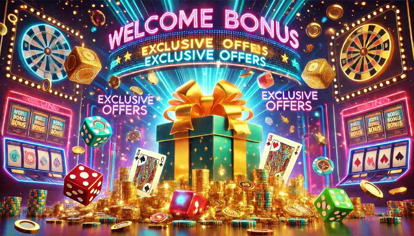 Ett lysande presentpaket som symboliserar Dice Wise Casinos välkomstbonus och kampanjer, omgivet av mynt, tärningar och kort, med holografiska banners för erbjudanden.
