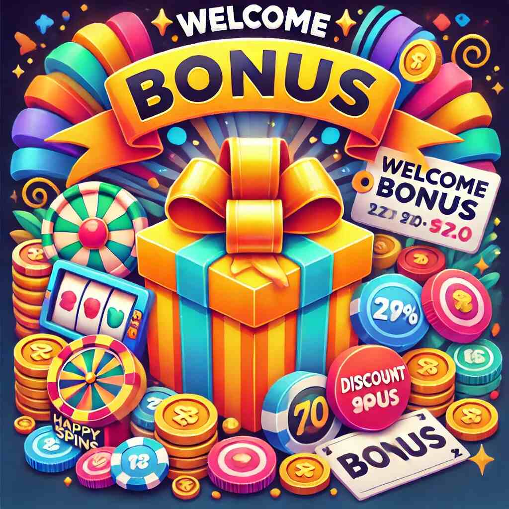 Illustration av välkomstbonus och kampanjer på HappySpins Casino med presentlåda, banner och guldmynt.