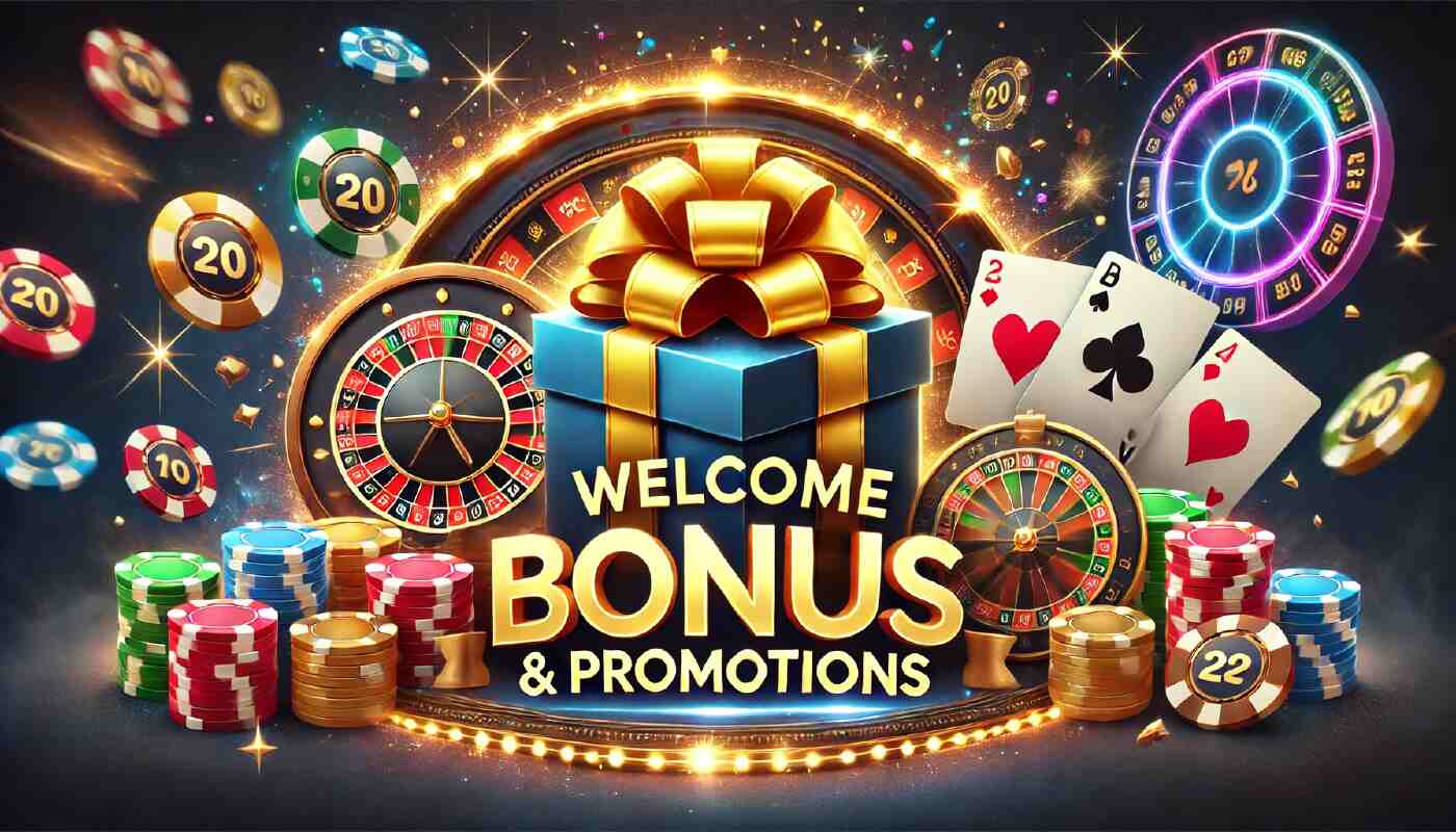 Presentask, pokermarker och konfetti som symboliserar välkomstbonus och kampanjer hos Slotparadise Casino.