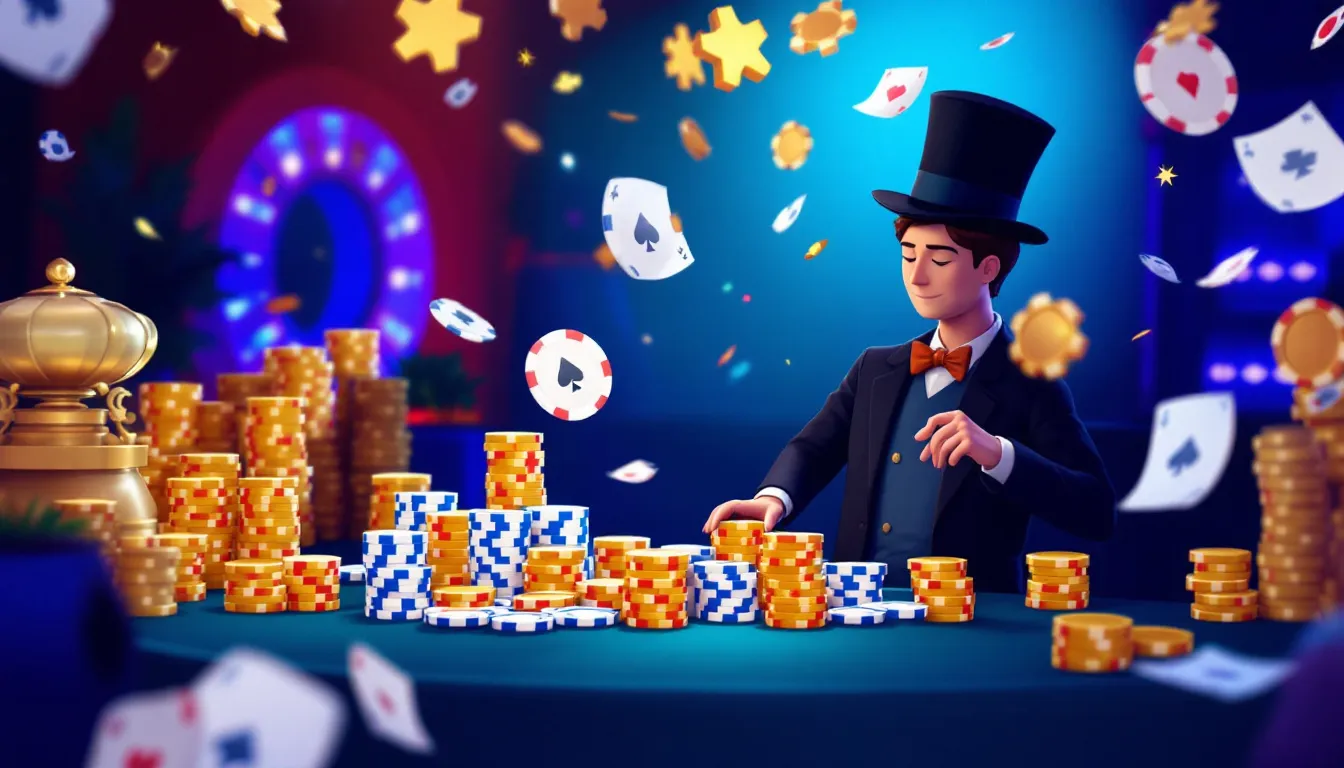 Välkomstbonus och Kampanjer på Sugarino Casino – Man i hög hatt vid bord med marker och spelkort.