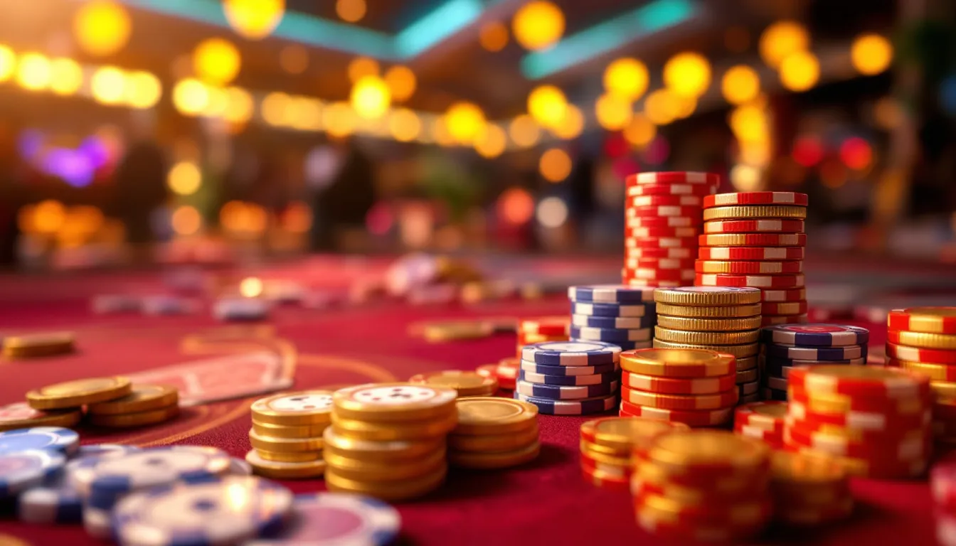 Licensiering och Säkerhet hos Sugarino Casino – Marker och mynt på spelbord i upplyst miljö.