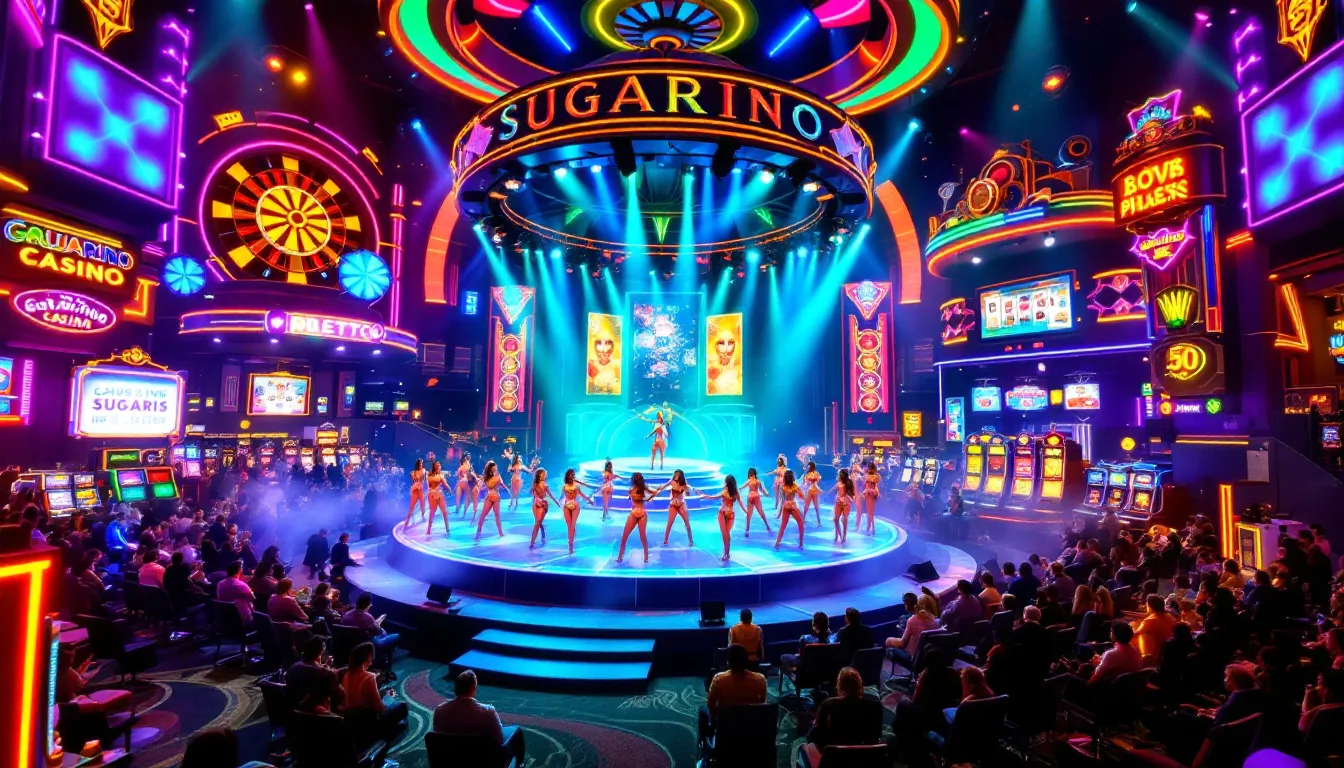 Vad är Sugarino Casino? – Show och spelhall med neonljus och Sugarino-skylt.